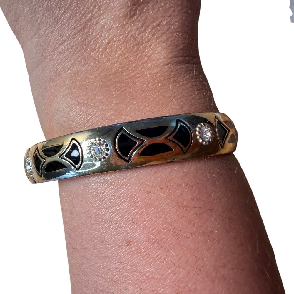 Brighton Silver Gold Black Enamel Crystal Hinged Bangle Bracelet Mixed Metal Y2K